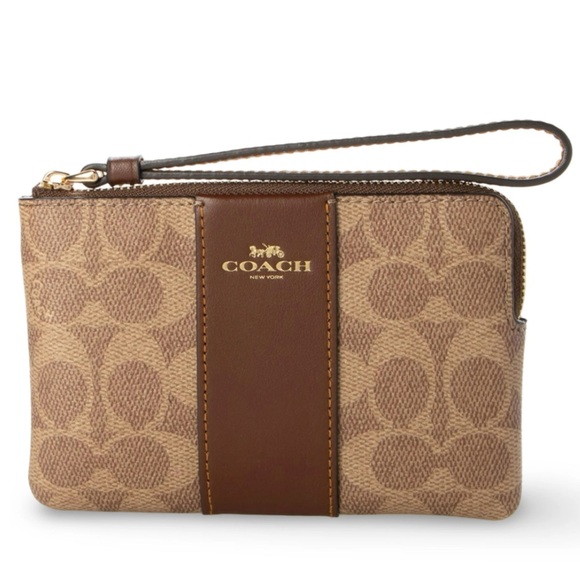 Coach Corner Zip Wristlet In Signature Canvas With Stripe - NWT - Picture 1 of 8